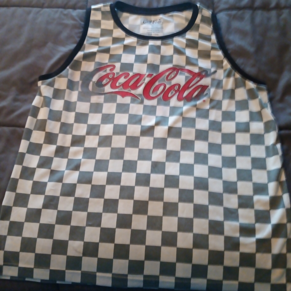 Unisex Sz L Coca-Cola Gray and White Checkered Tank With Splits On Botton Sides